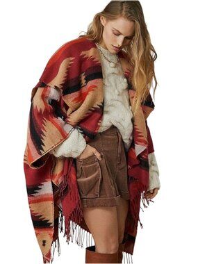 Free People Crossroads Oversized Poncho Red Tan Black NWOT OS